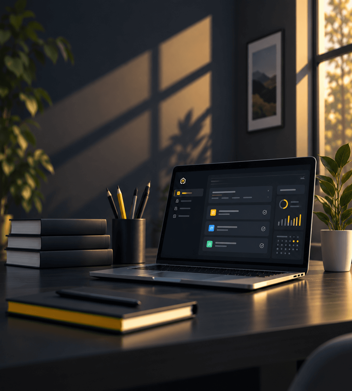 A desk with a laptop showing a school dashboard