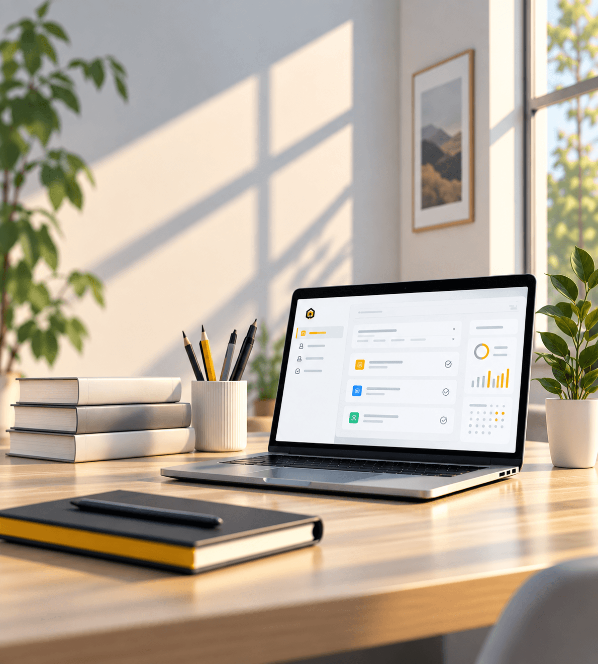 A desk with a laptop showing a school dashboard